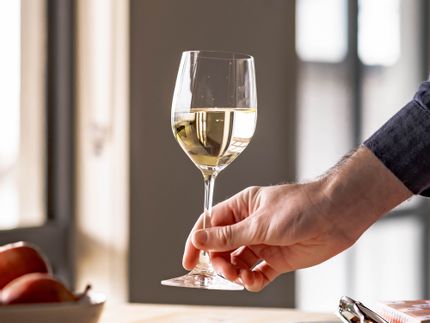 A man holding the SPIEGELAU Vino Grande White Wine Glass filled with white wine.